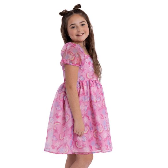 Barbie Girls Dress Rainbow Pattern Printed Puff Short Sleeve Pink Pullover Style - Picture 5 of 8